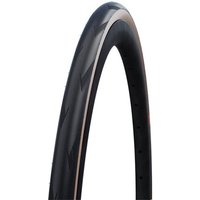 Black Schwalbe Pro One Super Race 700c road tyre with sleek tread pattern and folding design.