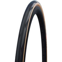 Black Schwalbe Pro One Super Race tube tyre, 700 x 28, with tan sidewall and sleek tread design.