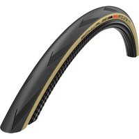 Black Schwalbe Pro One TT Addix 700c road tyre with tan sidewalls and sleek tread pattern.