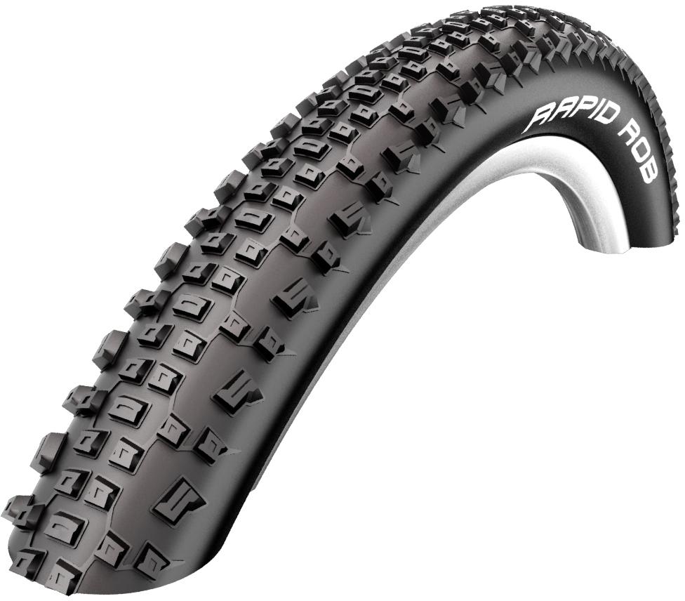 Black Schwalbe Rapid Rob bike tyre, 27.5x2.25 inch, with knobby tread pattern and white sidewall lettering.
