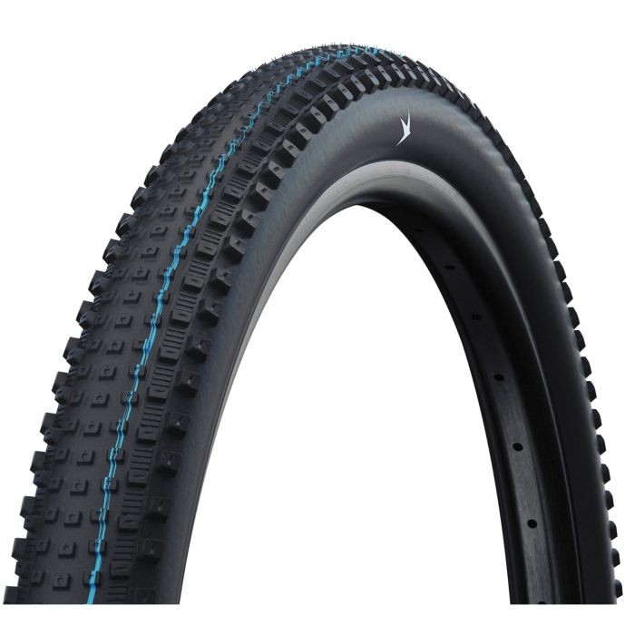Schwalbe Rick XC Speedgrip TLE Tyre in black, 29 x 2.4 size, featuring a textured tread pattern and blue accents along the sidewall for enhanced grip and performance.