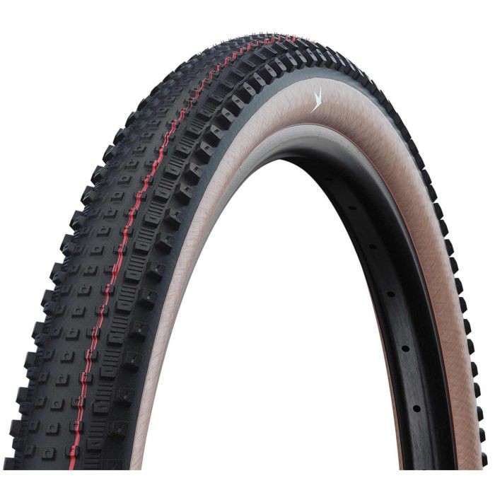 Schwalbe Rick XC Speedgrip TLE tyre in 29 x 2.4 size, featuring a black tread with prominent knobs, a tan sidewall, and red detailing along the rim.