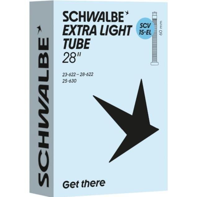 Light blue packaging for Schwalbe 28" bike tube, featuring a prominent black star logo and text indicating "Extra Light Tube" and "60mm" valve size.