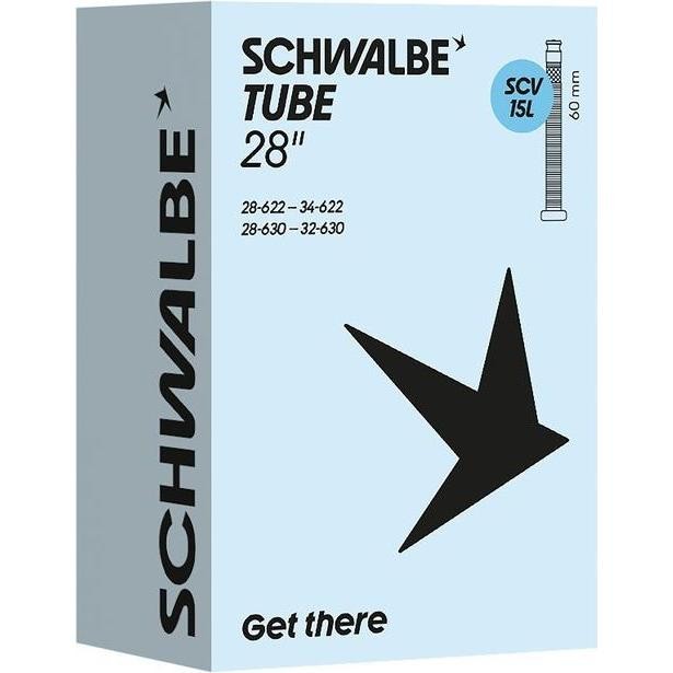 Schwalbe 28" bicycle tube in a blue and white box featuring a black logo and text, with a 60mm valve and specifications for sizes 28-622 and 28-630.