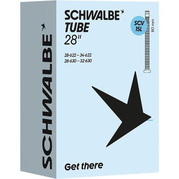 Light blue box featuring a black bird logo, labeled "Schwalbe Tube 28" with specifications for 28", 80mm, and compatibility details on the sides.
