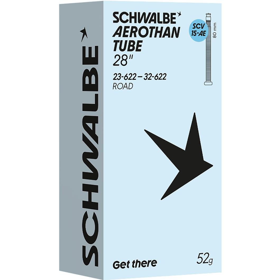 Light blue packaging for Schwalbe 28" bike tube, featuring a black star logo, product details, and weight information, emphasizing its lightweight design at 52g.