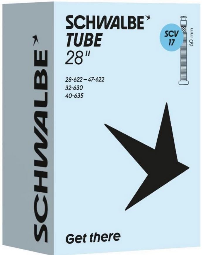 Schwalbe SCV17 bicycle inner tube packaging in light blue, featuring a black logo and text, suitable for tire sizes 28-47/622-635, with a 60 mm valve.