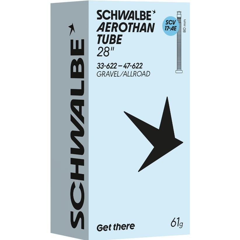White box with a blue background featuring a black star logo, labeled "Schwalbe Aerothan Tube," indicating Presta valve, 28 inches, and 80mm length, weighing 61g.