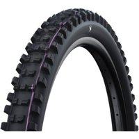 Black Schwalbe 29" folding tyre with aggressive tread pattern, purple stripe, and tubeless ready design for mountain biking.