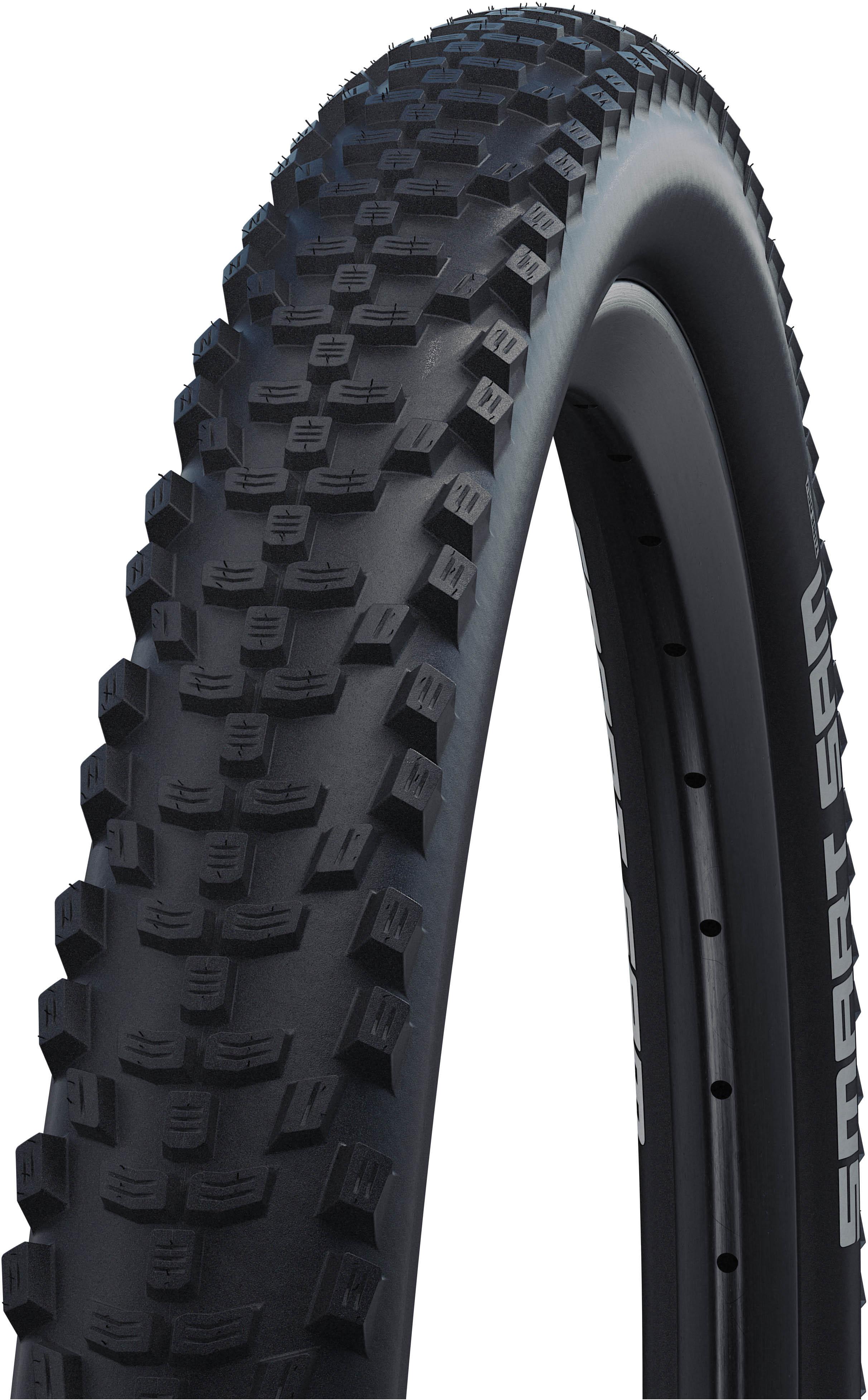 Black Schwalbe Smart Sam 700x40c bike tyre with knobby tread pattern and wired edge for enhanced grip.