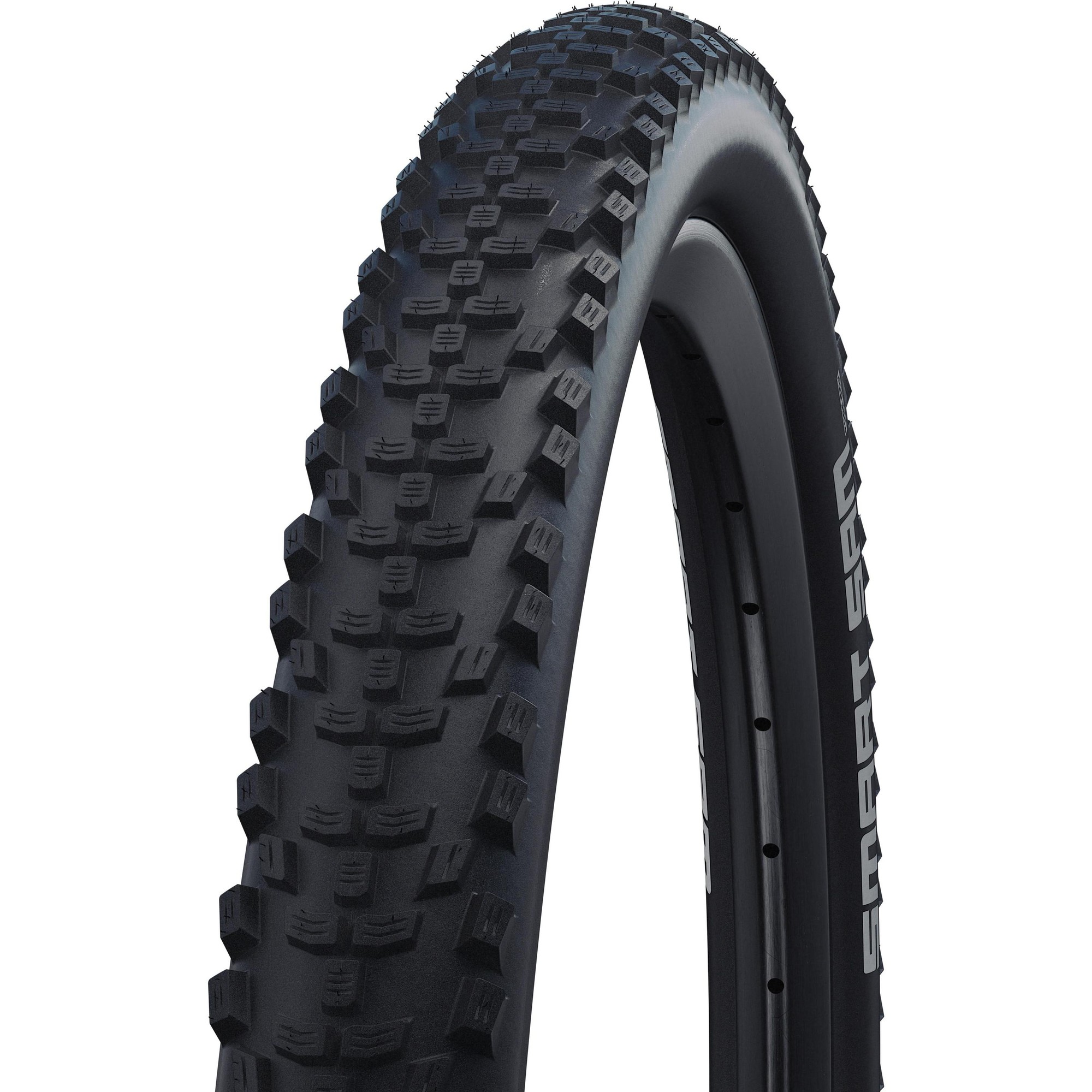 Black Schwalbe Smart Sam 40-203 (12x1.50) bicycle tire featuring a rugged tread pattern for enhanced grip and durability, with "SMART SAM" branding on the sidewall.