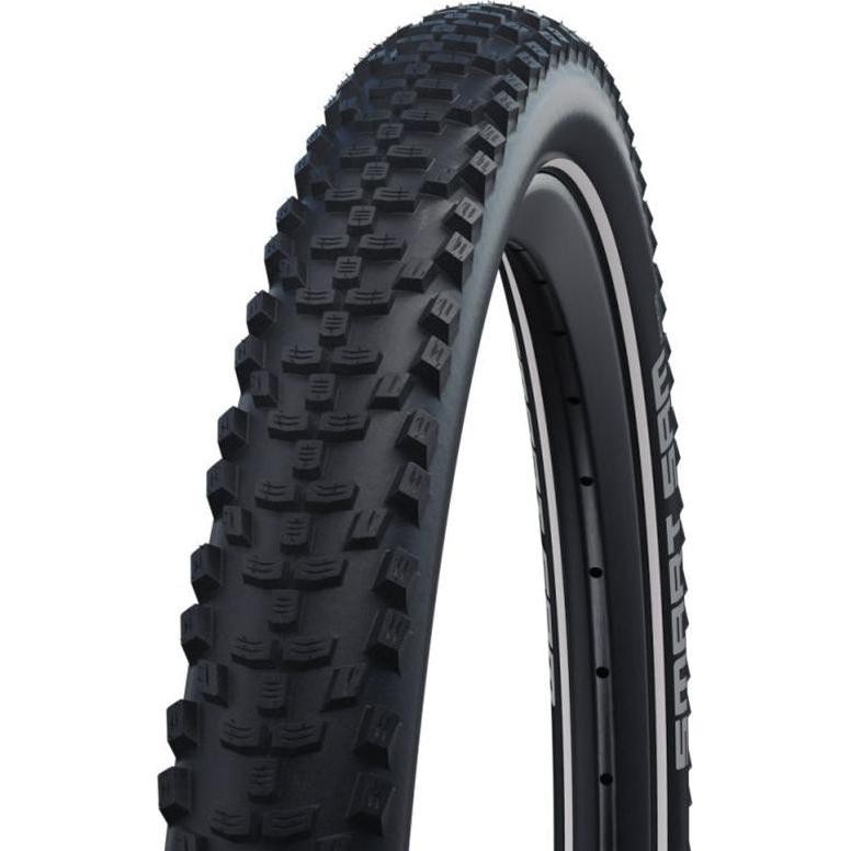Schwalbe Smart S.a.M HS624 bike tire features a rugged black rubber surface with pronounced tread patterns for enhanced grip and control, ideal for mountain biking.