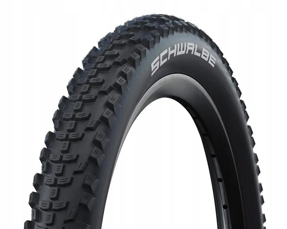 Black rigid bike tire with a rugged tread pattern, featuring the Schwalbe logo prominently on the sidewall, designed for performance and durability with K-Guard protection.