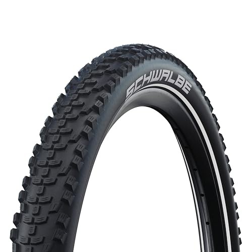 Black Schwalbe Smart Sam tire, 26 x 1.85 size, featuring a rugged tread pattern, wire bead construction, and white branding on the sidewall, designed for durability and performance.