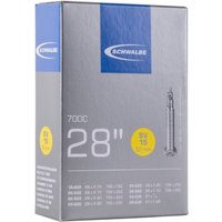 Schwalbe SV15 28"/700c inner tube box with Presta valve image, blue and gray packaging with yellow details.