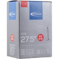Schwalbe SV21A Extra Light 27.5" MTB Inner Tube box, gray with blue and red accents, Presta valve image on side.
