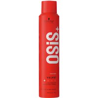 Red Schwarzkopf OSiS+ Velvet spray bottle, 200ml, with bold white text and black logo on a sleek cylindrical design.