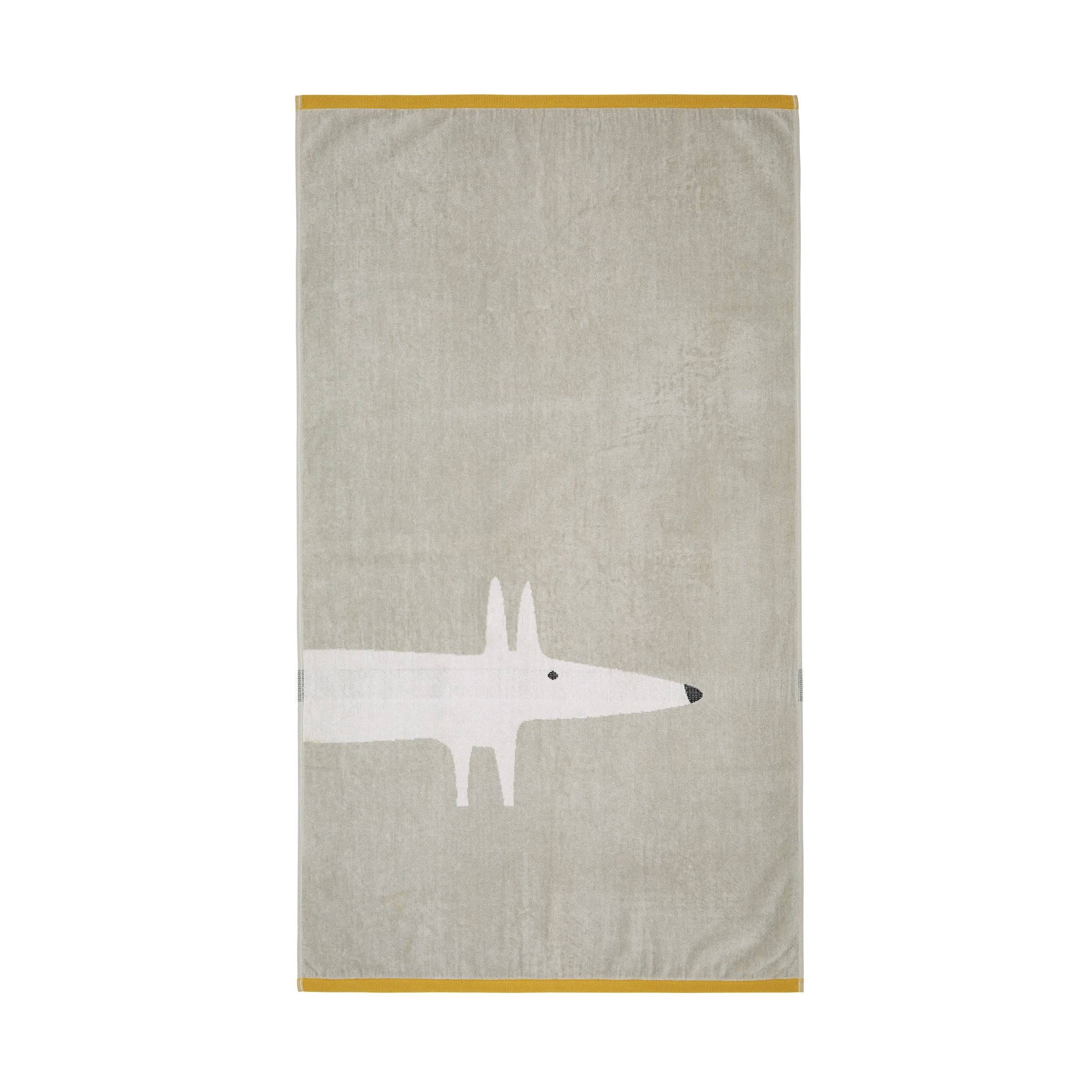 Soft cotton towel featuring a playful white fox design on a light grey background, bordered with a vibrant yellow trim.