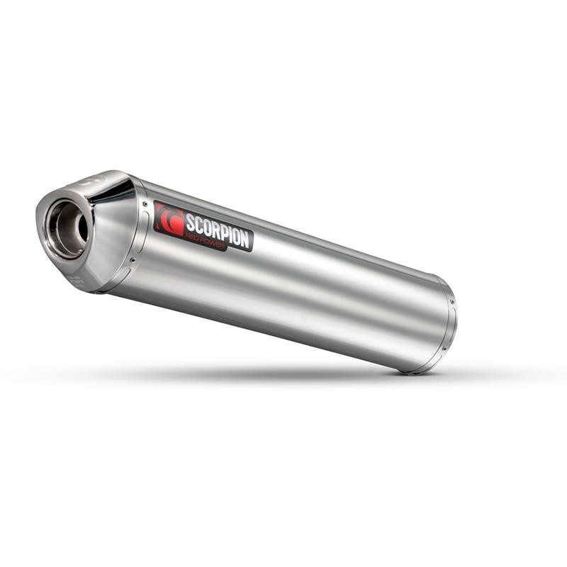 Stainless steel round exhaust for Honda CB 600 Hornet (2003-2006) featuring a polished finish, Scorpion logo, and a sleek design with a tapered end.