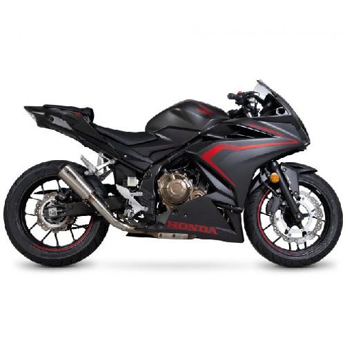 Satin titanium sleeve silencer with a sleek design, featuring a red accent, mounted on a black motorcycle with a sporty look and prominent Honda branding.