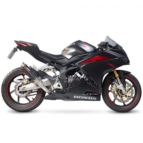 Scorpion RP1-GP silencer with a carbon sleeve, featuring a sleek black design, road-legal certification, and stylish red accents, mounted on a Honda motorcycle.