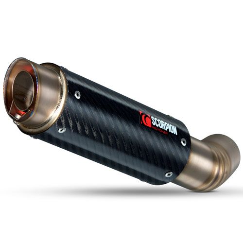 Scorpion RP1-GP silencer featuring a sleek carbon fiber sleeve, metallic end cap, and a distinctive red logo, designed for enhanced motorcycle performance.