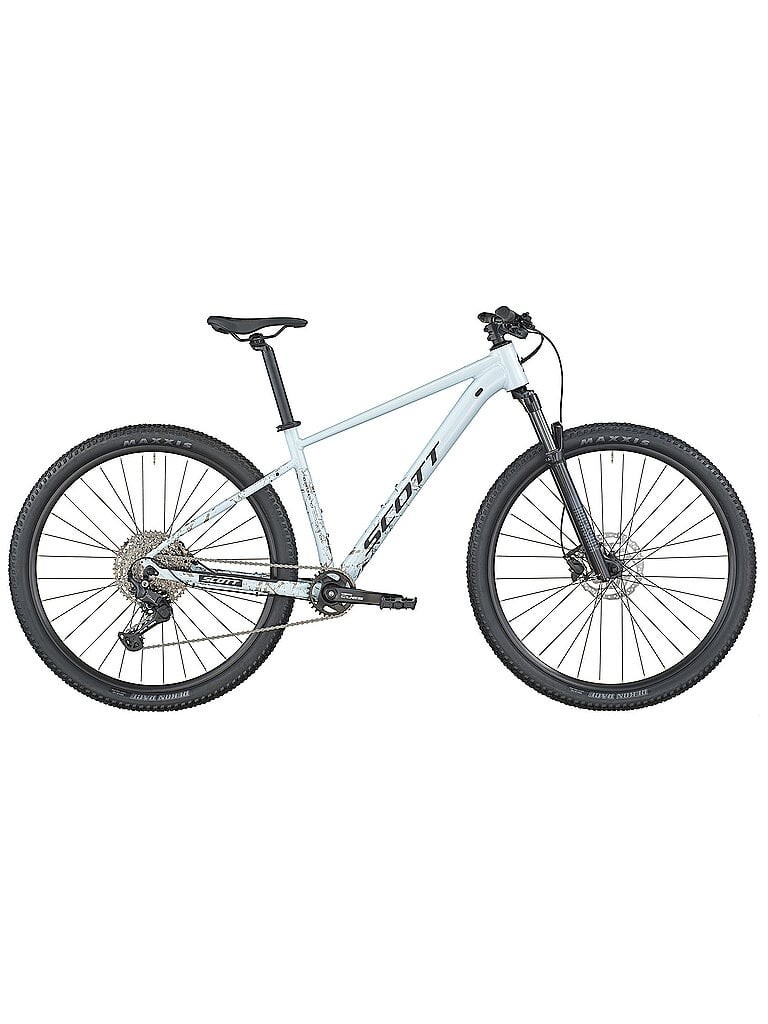 Scott Contrail 10 Mountain Bike 2026 features a light blue hardtail frame, wide tires, front suspension, and a sleek design suitable for rugged terrains.
