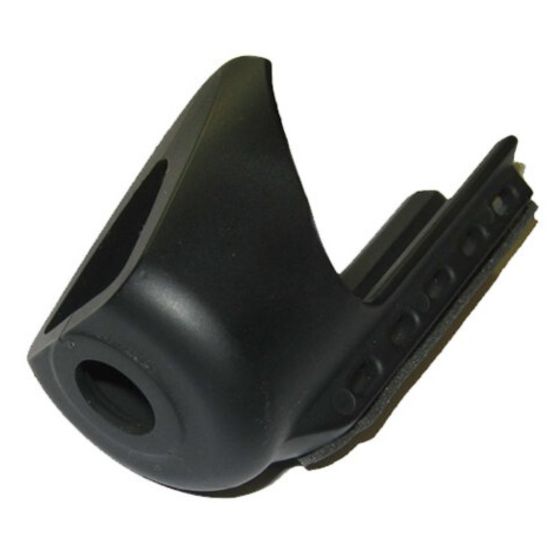 Black plastic reservoir cage designed for Scottoiler, featuring a smooth finish, a rounded top, and an elongated base with grooves for secure attachment.