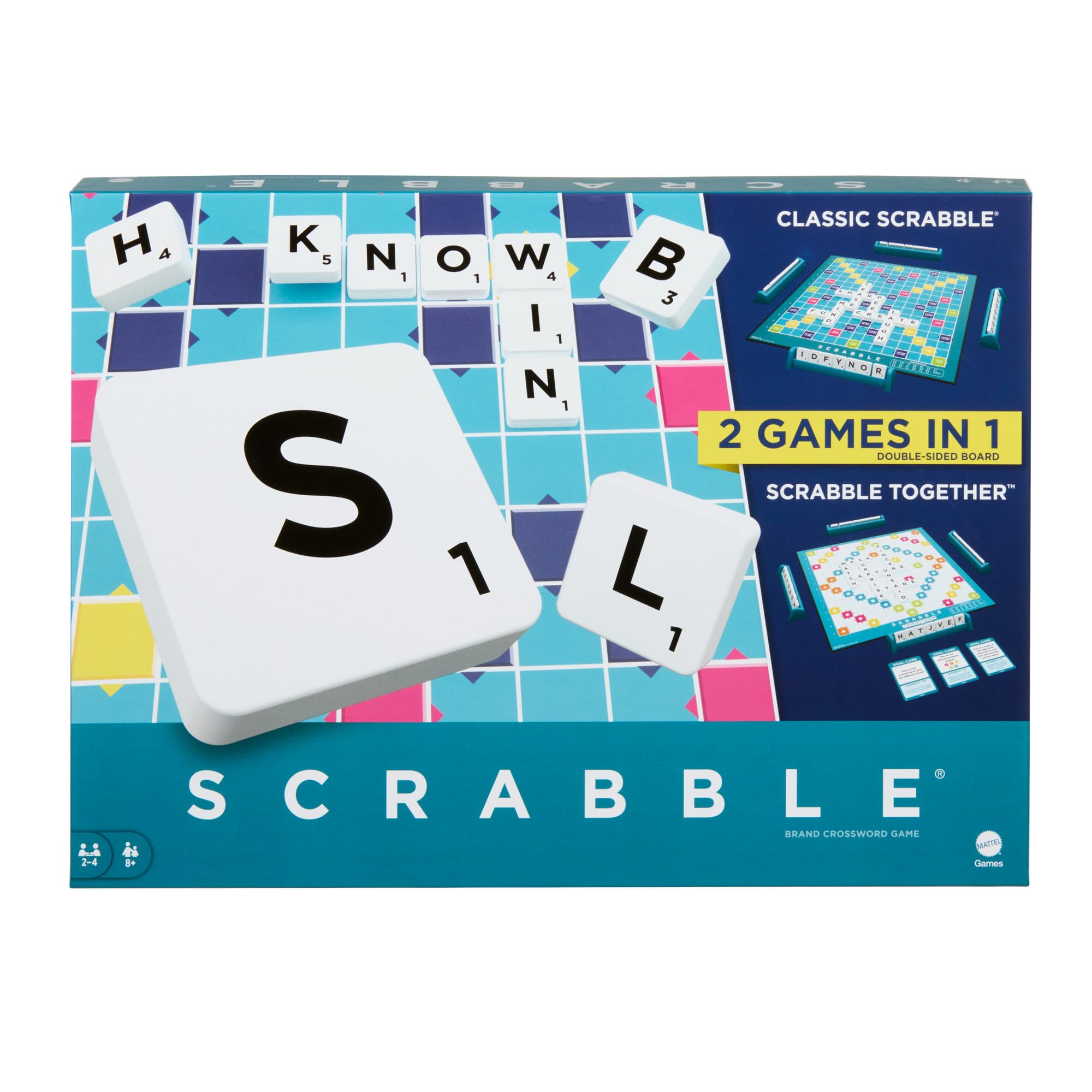 Mattel Scrabble 2-in-1 board game features a colorful double-sided board, large white letter tiles, and a bold "SCRABBLE" logo on the box, suitable for classic and team play.