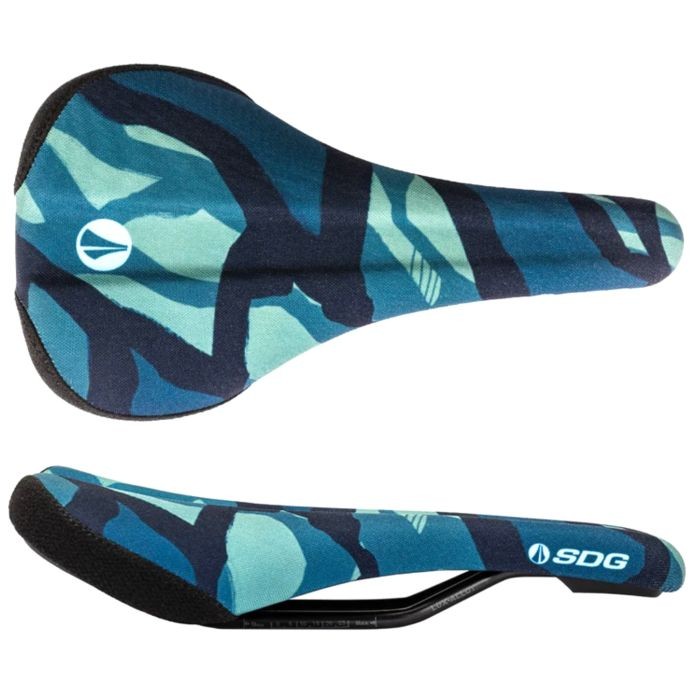 Luxurious Hasie Blue saddle featuring a unique abstract pattern in shades of blue and teal, crafted from durable material with a sleek alloy base and SDG branding.