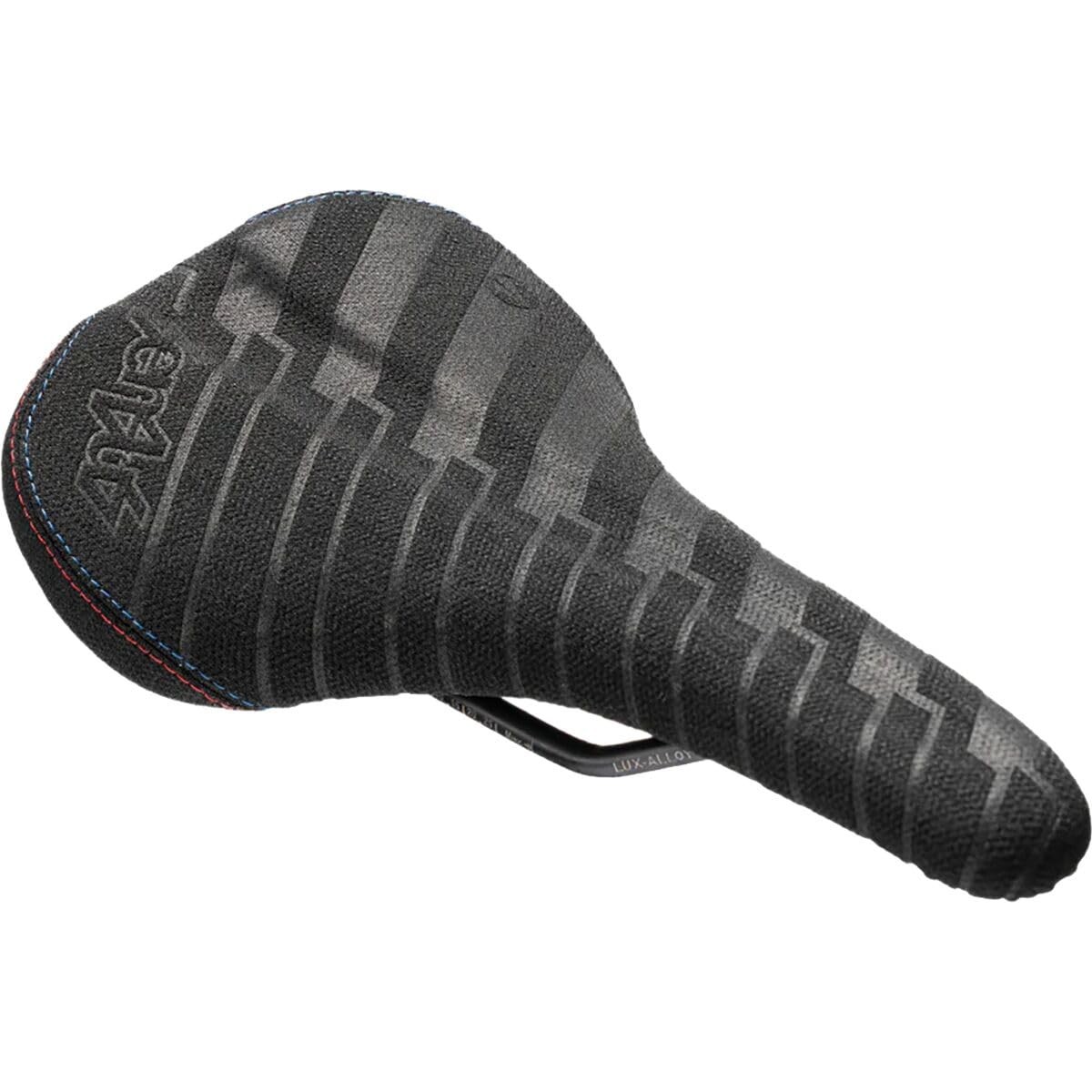 Black SDG Bel-Air V3 Sensus saddle made from Kevlar, featuring a textured surface, ergonomic shape, and colorful stitching along the edges for added style.