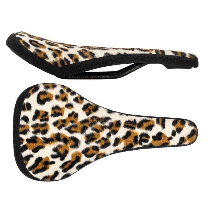 Limited edition SDG Bel-Air V3 saddle featuring a leopard print design, measuring 260 x 140mm, unisex, weighing 290g, with a soft, textured surface and black edges.