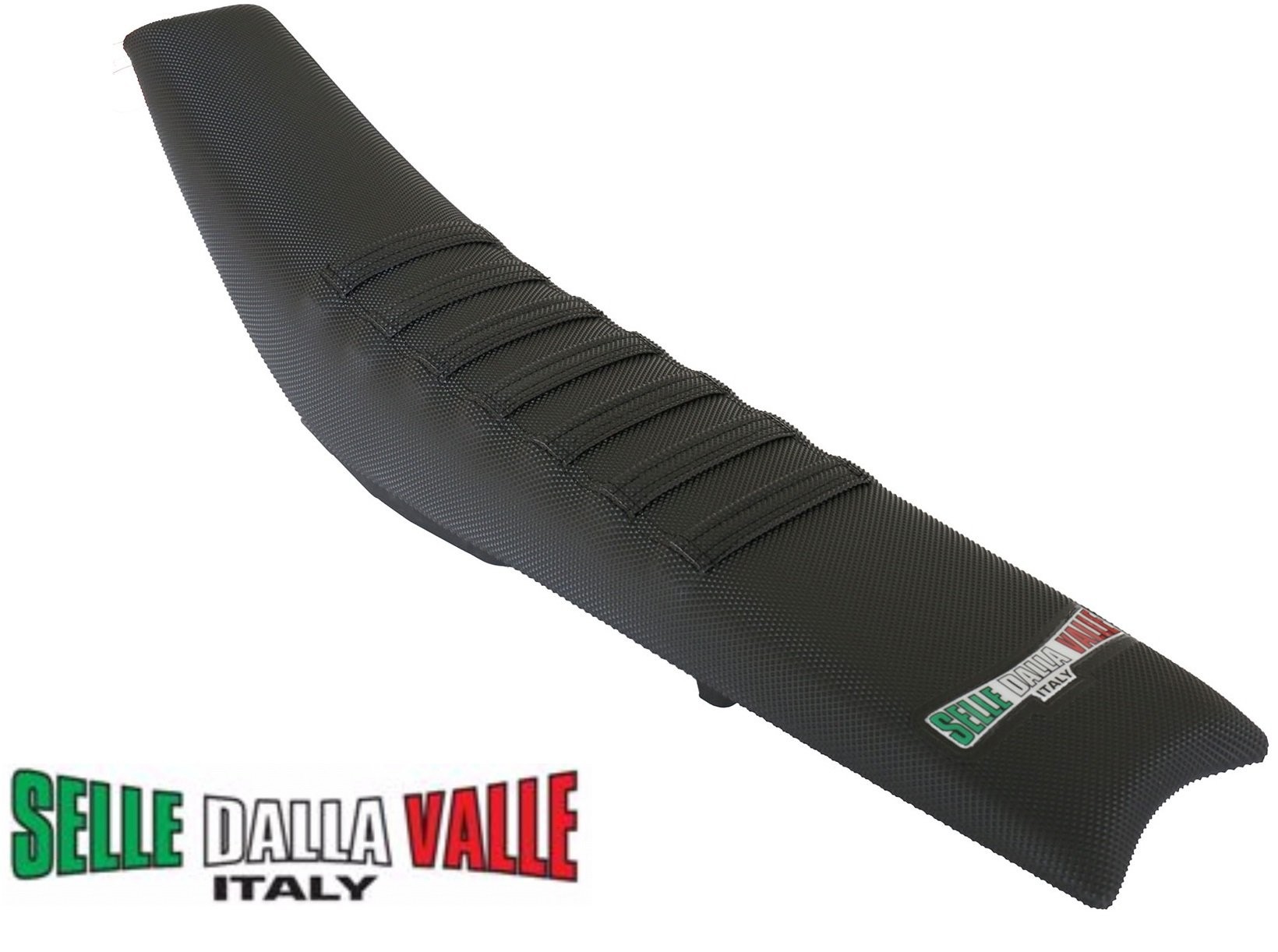 Black Selle Dalla Valle Factory Seat Cover for Honda CR125 (2000-2007) featuring textured grip lines and a sleek design, with branding logo visible.