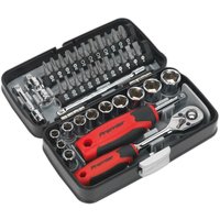 Sealey 38 piece set with red-handled ratchet, sockets, and bits in a black plastic case.