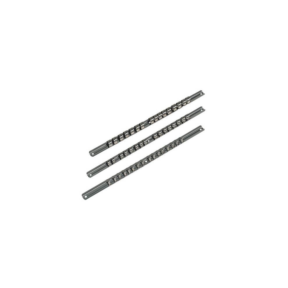 Three metal socket retaining rails in grey, designed for 1/4", 3/8", and 1/2" square drive sockets, featuring multiple slots for secure storage.