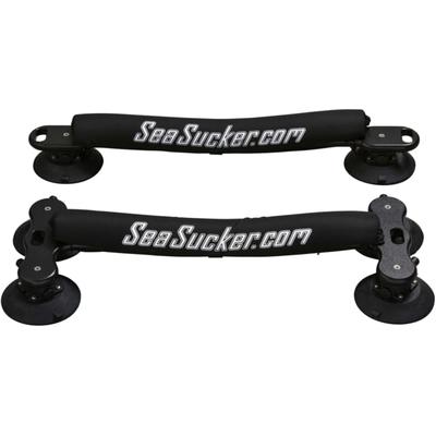 Black foam board rack with two strong suction cups on each end, featuring the SeaSucker logo prominently displayed in white. Ideal for securing surfboards or paddleboards.
