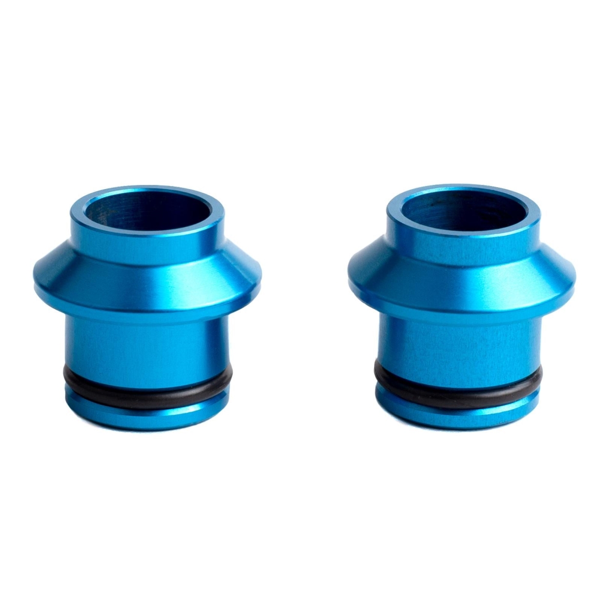 Two blue aluminum thru axle plugs with a sleek design and black rubber O-rings, featuring a shiny finish and a tapered shape for secure fitting.