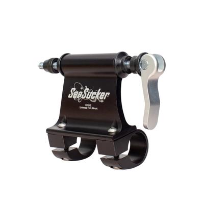 Black aluminum bike carrier with a silver quick-release lever, designed for 15x110mm Boost forks, featuring a sturdy clamp and the SeaSucker logo prominently displayed.