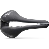 Black Selle Italia bike saddle with central cutout, perforated surface, and white logo text.