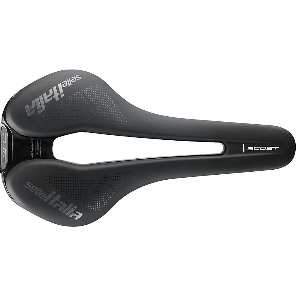 Black Selle Italia Flite Boost TM Superflow Saddle featuring a sleek design, central cutout for comfort, and textured surface for grip, ideal for performance cycling.