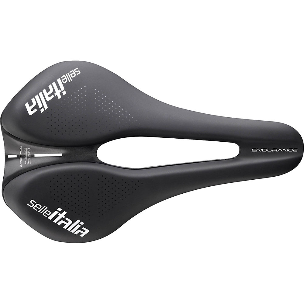 Black Selle Italia Novus Boost Evo Endurance TM Superflow Saddle featuring a wide design, Superflow cutout for comfort, and textured surface for grip.
