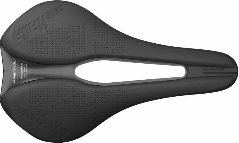 Black Selle Italia Novus Boost Evo TM Superflow Saddle featuring a wide design, central cutout for comfort, and textured surface for enhanced grip.
