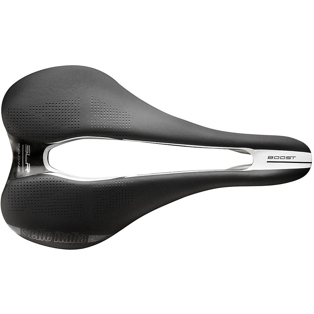 Black Selle Italia SLR Boost Endurance TI316 Superflow saddle featuring a sleek design, perforated surface for breathability, and a central cutout for enhanced comfort.