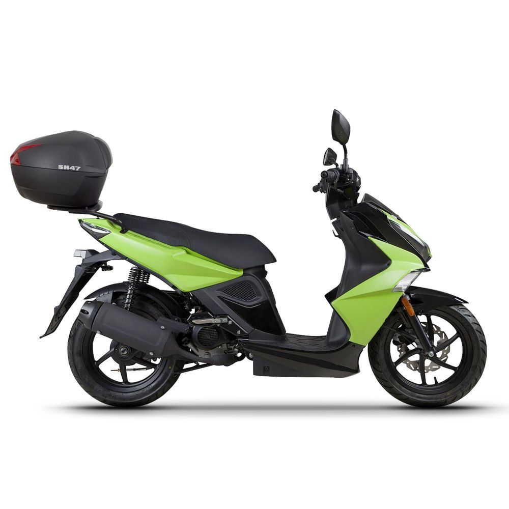Shad Top Case Fitting Kit designed for Kymco Super 8 50 (2021-2022), featuring a sleek black and green scooter with a stylish top case mounted on the rear.