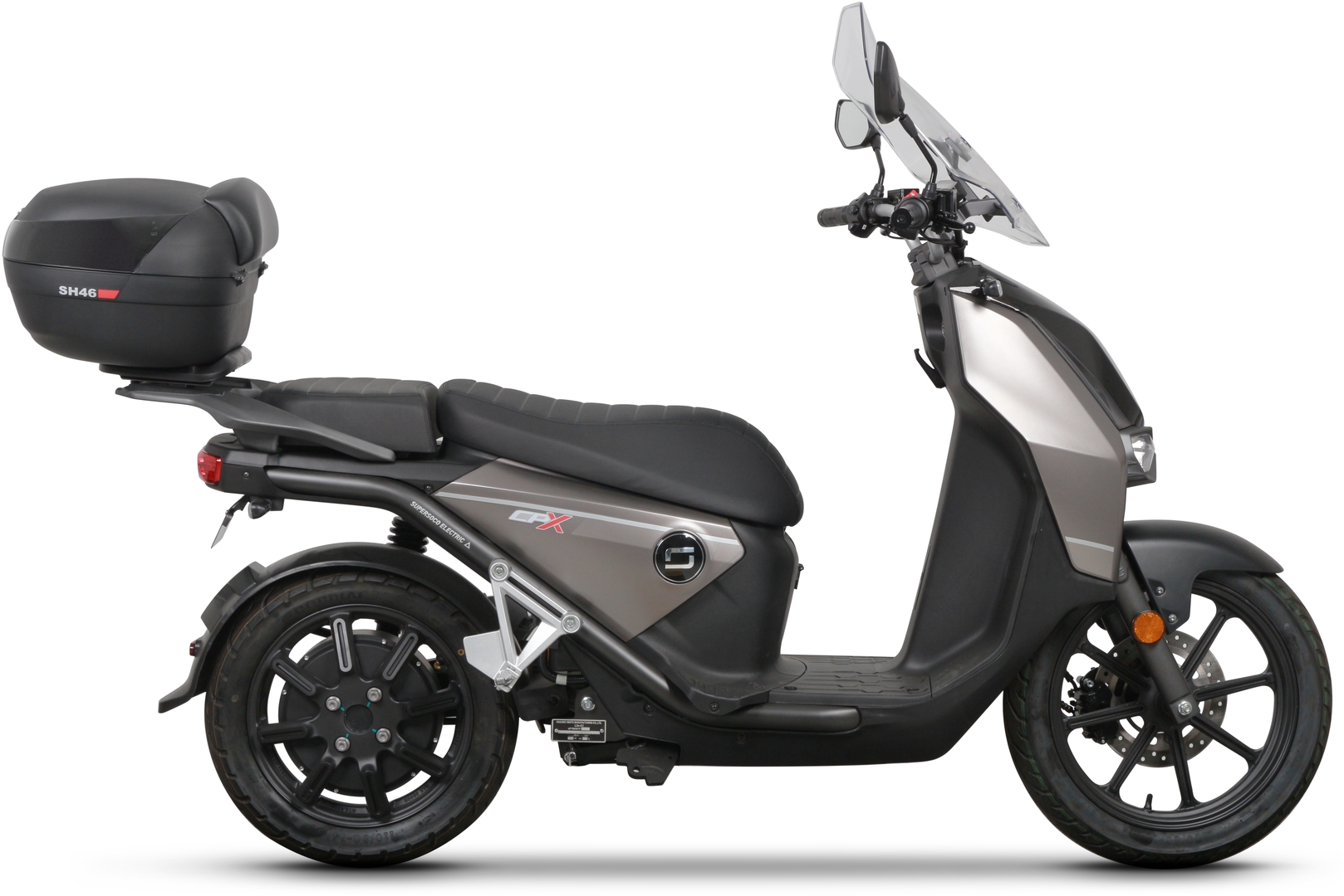 Top Master Topcase Fitting by Shad, featuring a sleek black topcase, mounted on a stylish gray scooter with a comfortable seat and modern design elements.
