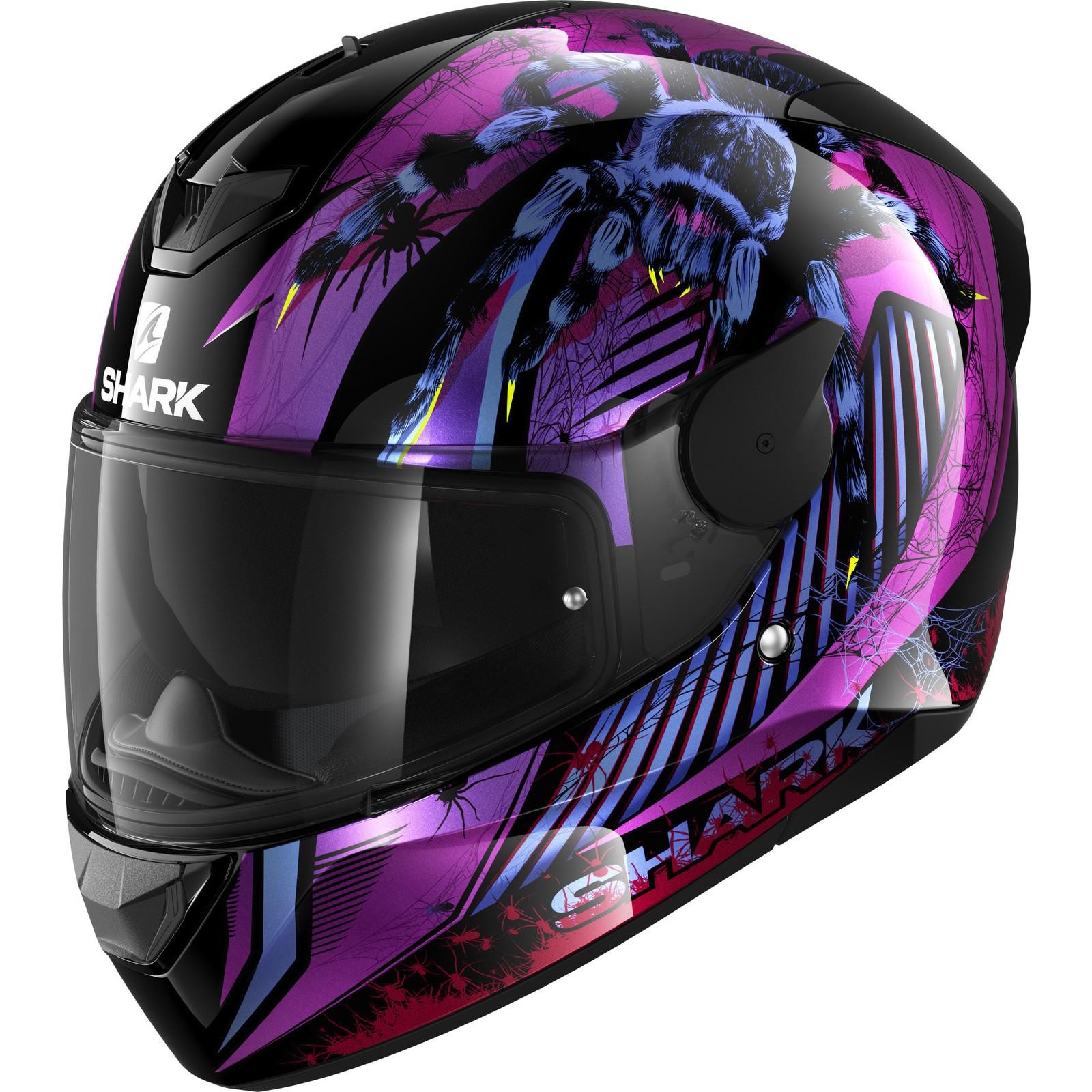 Black and violet Shark D-Skwal 2 Atraxx motorcycle helmet featuring a sleek design, glossy finish, and graphic detailing with a spider motif and ventilation openings.