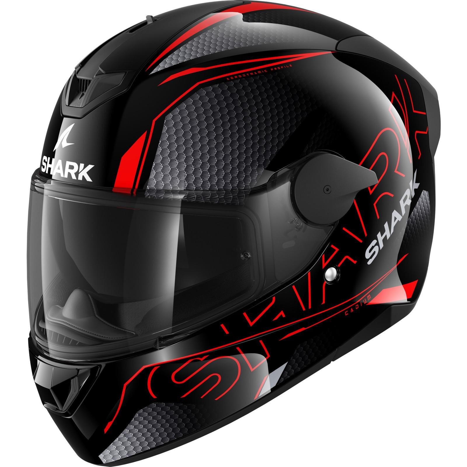 Black and red Shark D-Skwal 2 Cadium motorcycle helmet featuring a sleek design, aerodynamic shape, and a clear visor, with textured accents and the Shark logo prominently displayed.