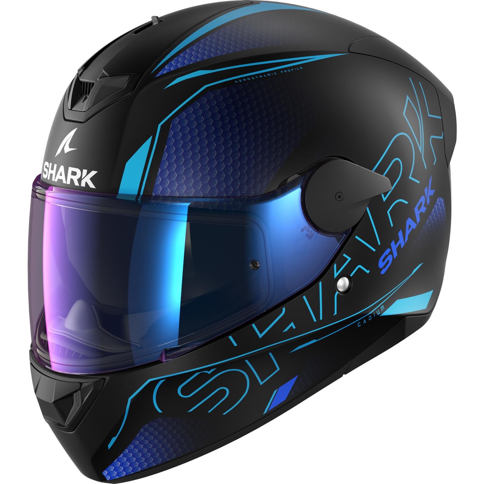 Shark D-Skwal 2 Cadium motorcycle helmet in matte black with blue accents, featuring a tinted visor and aerodynamic design for enhanced performance and style.