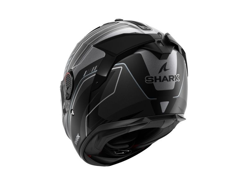 Matt black and anthracite motorcycle helmet featuring a sleek design, aerodynamic shape, and prominent Shark logo, with ventilation and a secure fastening system.