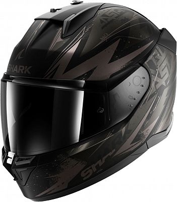 Matt black and anthracite motorcycle helmet featuring a sleek design, aerodynamic shape, tinted visor, and distinctive Shark branding with graphic accents.